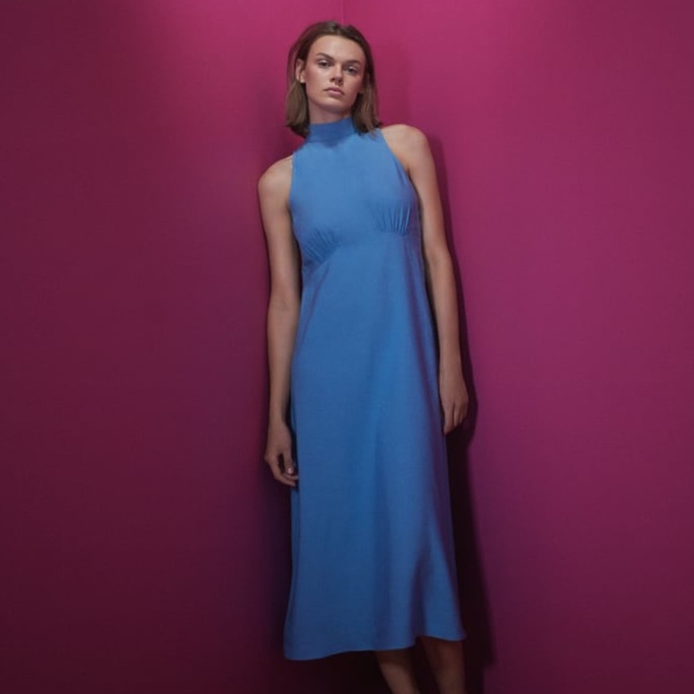 ZARA Halter Neck Sleeveless Linen Midi Bow Dress - Picture 2 of 9